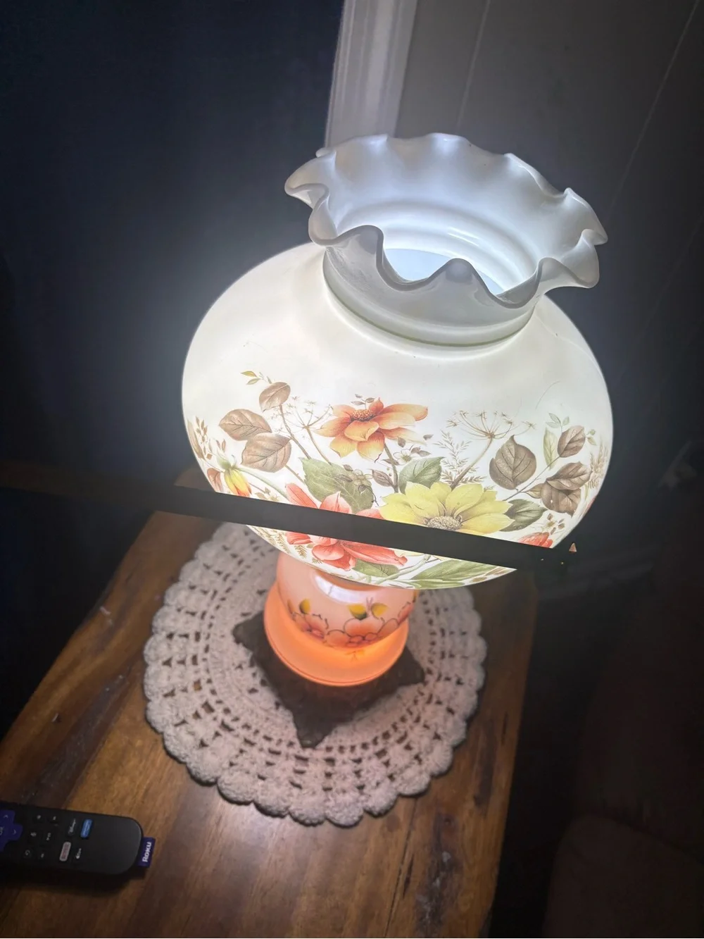 Floral Glass Hurricane Table Lamp - White with Multicolor Flowers